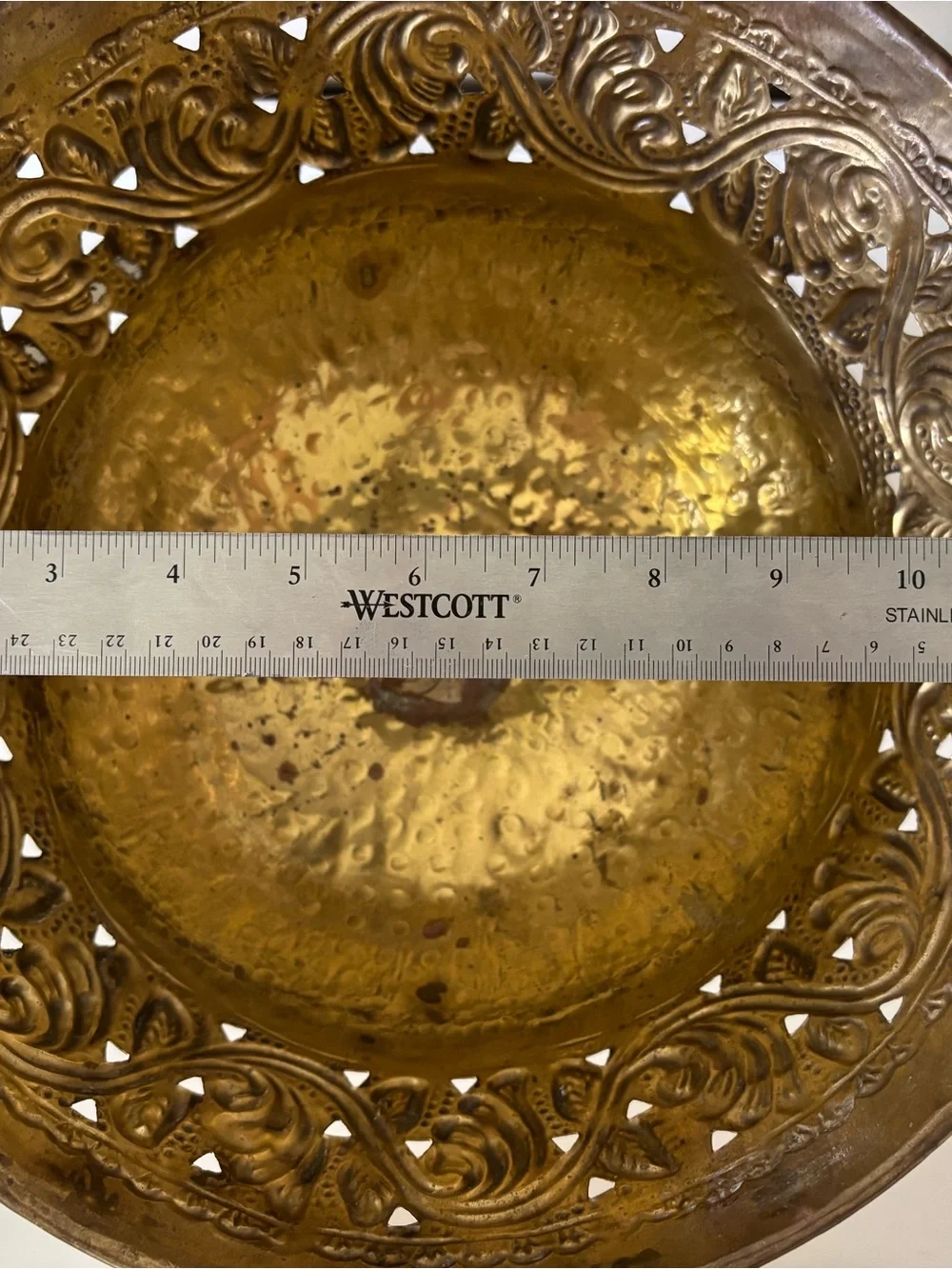 Brass Pedestal Bowl with Embossed Floral Motif - Gold Tone